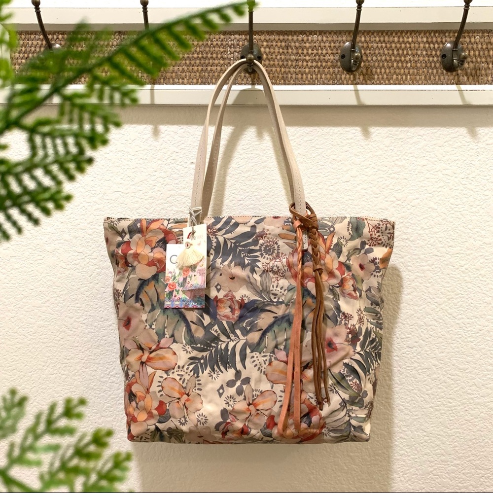 Johnny Was Floral Printed Genuine Leather Zip Tote
